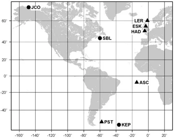 Fig. 1. Locations of BGS operated magnetic observatories. Current analysis is carried out on those marked by triangles.