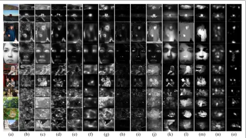 Figure 9 Examples of saliency maps over the DOVES dataset. (a) Original images. (b to n) Saliency maps achieved by the methods IT [1], AIM[11], SR [36], GB [13], SER [41], CA [49], AC [20], MSS [34], RC [22], SF [38], MR [39], DSR [40], and the proposed me