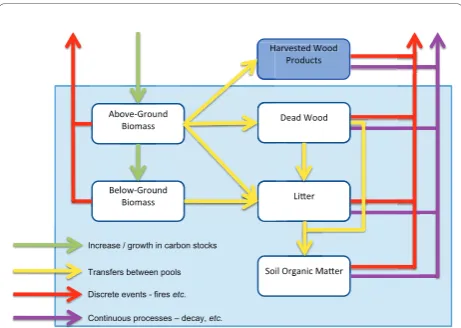 Figure 3 Generalized carbon cycle of terrestrial AFOLUecosystems. This figure shows the flows of carbon into and out ofthe system as well as between the five carbon pools within thesystem (adapted from figure 2.1 [5]).
