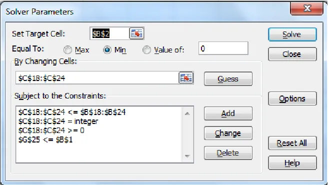 Figure 3: Excel Solver with data and constraints  