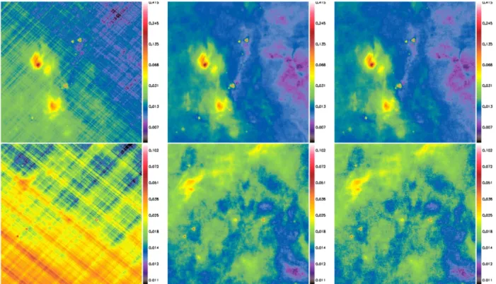 Fig. 6.— Two small portions of the total field of view of the simulation of NGC 6334, 14 0 on a side, are shown (in Jy/pixel)