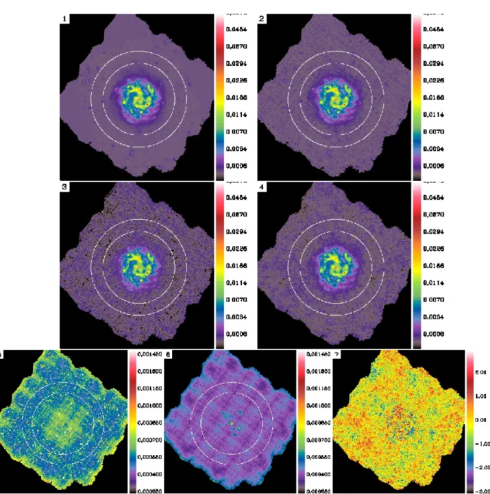 Fig. 9.— Maps of the galaxy simulation (in Jy /pixel). 1) Ideal map. 2) (Ideal + white noise) map (see text)
