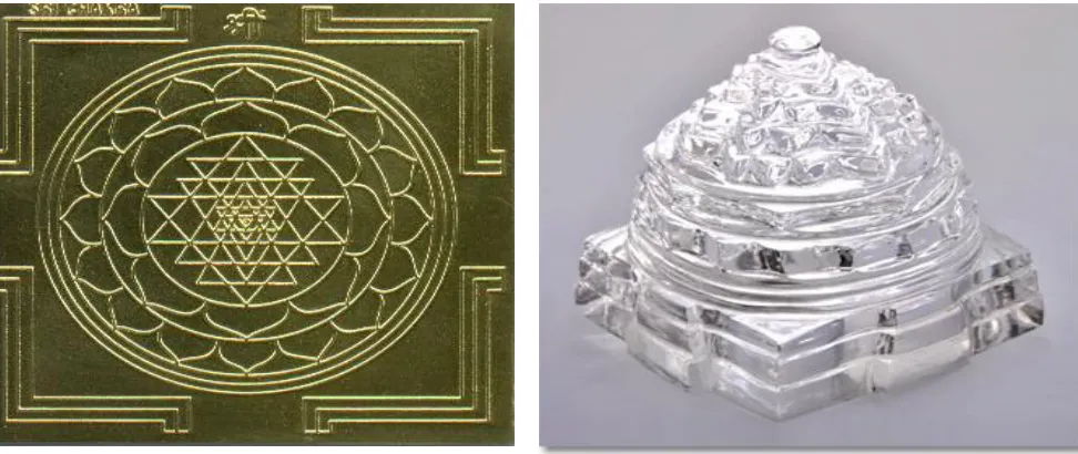 Figure 1 Two Dimensional Śrī Cakra Metal Etching       Three Dimensional Crystal   (Images courtesy of 