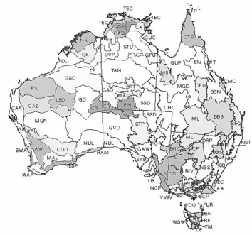 Figure 1tralia (IBRA)Geographic location of biogeographic regions of Australia as classified by the Interim Biogeographic Regionalisation for Aus-Geographic location of biogeographic regions of Australia as classified by the Interim Biogeographic Regionalisation for Aus-tralia (IBRA).