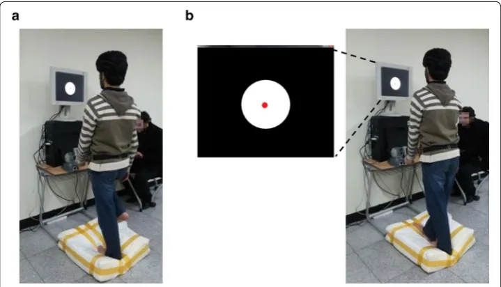 Fig. 2with assumption of each posture barefoot for 30 s. Subjects were required to stand still in front of a table, upon which the experimental apparatus including the Phantom Omni®band (zoomed image) Visual biofeedback on display screen