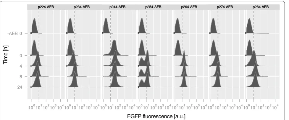 Fig. 2 EGFP intensity of seven plasmid-carrying E. coli strains. The p2X4-AEB vector series was analyzed via flow cytometry to evaluate productivity and population heterogeneity in E