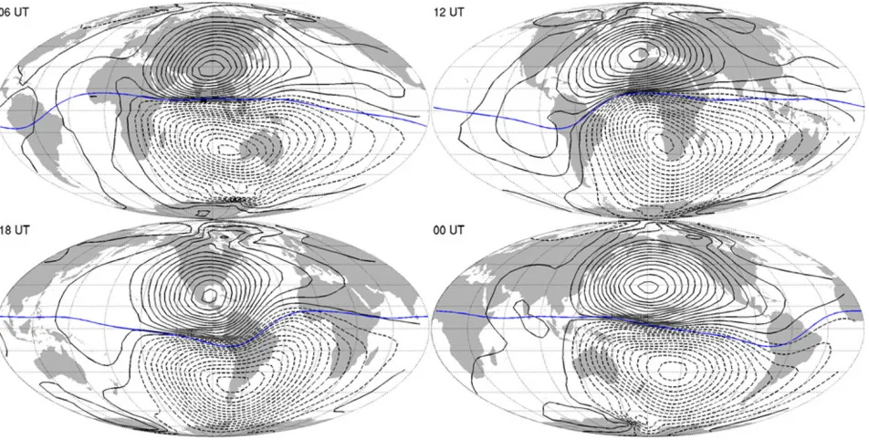 Fig. 7. MLI lithospheric ﬁeld difference maps in the Br component (nT) at ground between the reference model and the “ﬁeld plus gradient” derivedmodel.