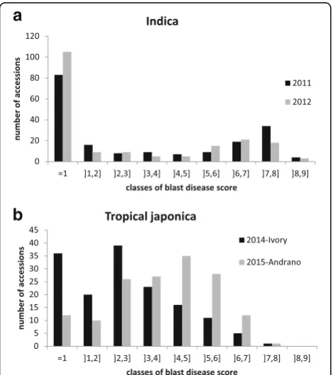 Fig. 1 Distribution of blast disease scores measured a) in the indicapanel in 2011 and 2012 in Andranomanelatra and b) in the japonicapanel in 2014 in Ivory and 2015 in Andranomanelatra