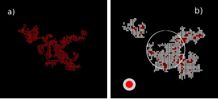 Fig. 1. BCAB PB particle. a) plane projection of a fractal BCA cluster of 2048 A-grains (red); b) cut of the BCAB PB cluster made from the A-clusterrandomly coated with 8192 B-grains (grey)