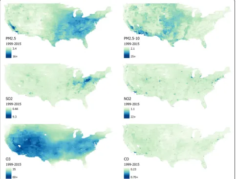 Fig. 1 Average concentrations of criteria pollutants by 2010 Census tracts in the continental U.S., 1999–2015