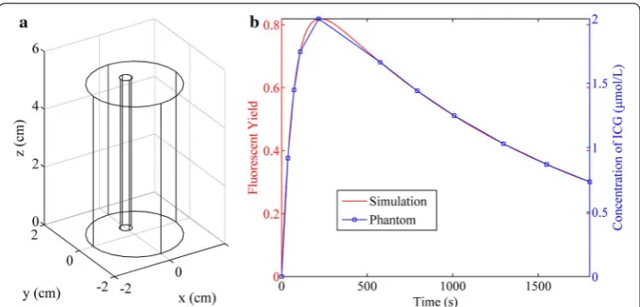 Fig. 1 Experimental setup for the studies of single target. tion and phantom studies. a The geometry of the model used in the simula-b The curves of fluorescent yield (red) or ICG concentration (blue) used in the simulation or phantom studies