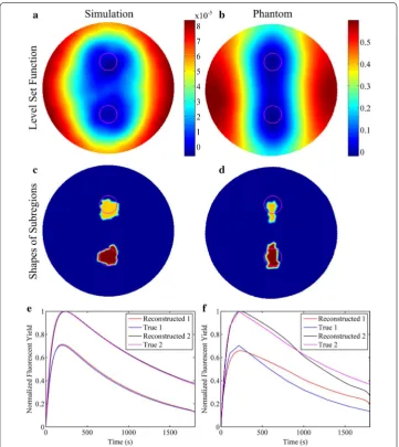 Fig. 5 Reconstruction results at the center slice for the studies of double targets. The show the reconstruction results in the simulation and phantom studies, respectively
