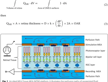 Fig. 1 An ideal MEA‑Tissue‑MEA (MTM) platform. It illustrates the perfusion paths of oxygenized fluid, stimulation MEA, recording MEA and retina tissue