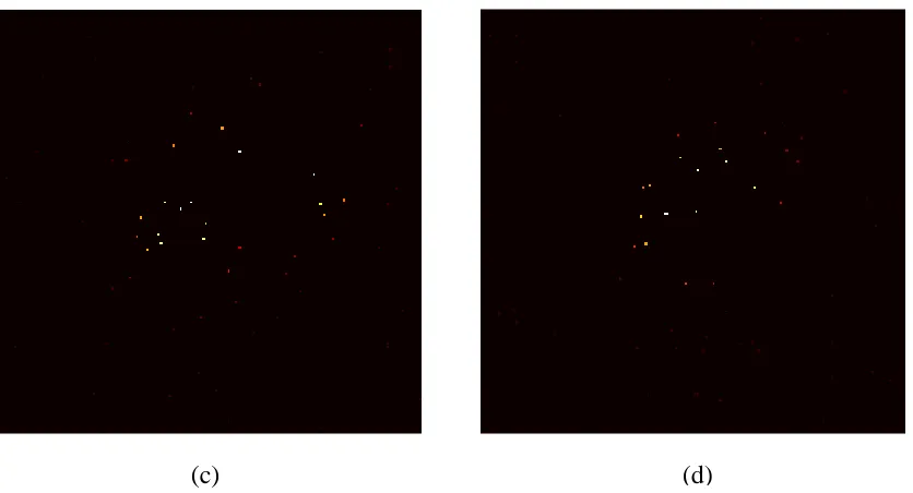 Figure 4.4 Temperature maps of the measurement model. (a) Real temperature map; (b) Temperature map with sensor/20 cells; (c) Temperature map 1 with 100 sensors randomly distributed; (d) Temperature map 2 with 100 sensors randomly distributed