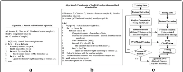 Fig. 2 Pseudo code of Relieff and IterRelCen algorithms and flow chart of the whole method