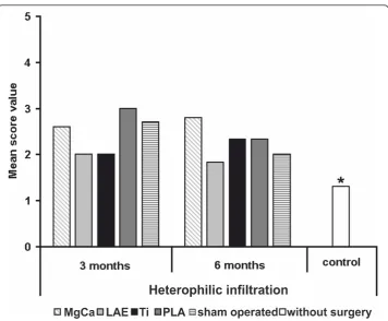 Figure 8 Score values of heterophilic infiltration for all examined groups. Note the absence ofsignificant differences between all groups and evaluation times, except for the control group withoutsurgery (* = p < 0.05)
