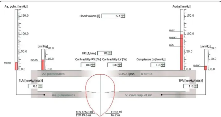 Figure 2 An animated graphical view of the closed circulation loop (CCL model) of the CLabUZHsoftware, including the listboxes controlling the input parameters and the manometers displayingcurrent pressure values