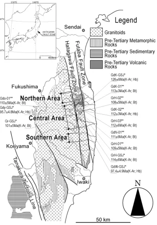 Fig. 1. Regional geological map of the Abukuma Mountains, NE Japan and K-Ar ages of samples away from the Hatagawa Fault Zone (Kubo et al.,1990; Tomita et al., 2002)