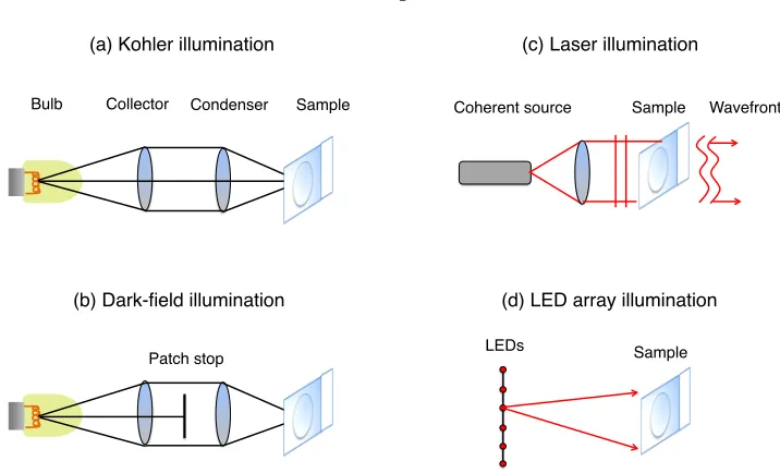 Figure 1.2: Four diﬀerent trans-illumination schemes that are common within microscopy