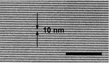 Figure 2.4 A high-magnification SEM micrograph of a section of ~10-nm wide SiNWs with ~70 nm pitch