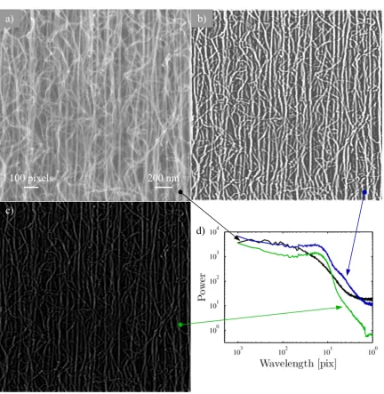 Figure 3.7: a)ization. Original micrograph image. b) Filtered micrograph after histogram equal- c) Filtered micrograph rescaled to high contrast for viewing