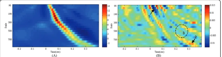 Figure 5 The average scalogram of the ECG segments (a) and a PCA-LDA mapping matrix (b).