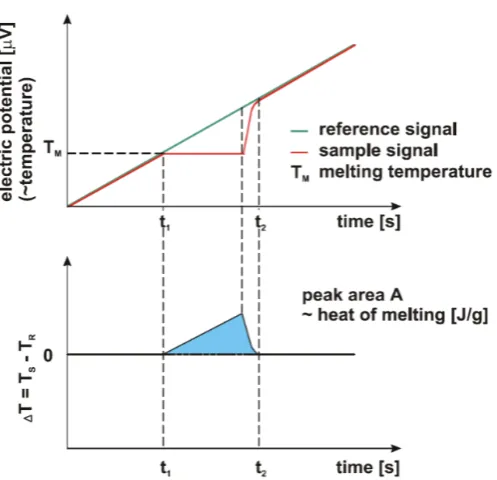Figure 2.3. The principle of DSC measurement. (top) Temperature change of the sample and reference by heating