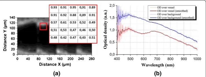 Fig. 4 of scanning scheme. over around the scattering matrix (the a A 2-D planar imaging of optical density arranged to their corresponding position in the coordinate b An OD-wavelength spectra showing the contrast of of the optical density between blue curve) and vessel included with hemoglobin solution (red curve), red curve shows a lower value of optical density with the wavelength dependency, as the hemoglobin absorbs more light