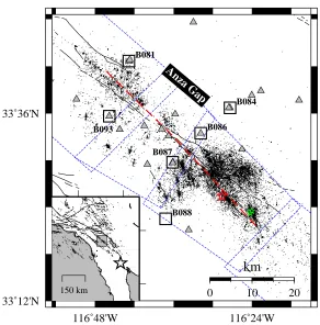 Figure 3.1: Location map. Triangles and squares indicate seismic stations and PBOstrain-meters, respectively