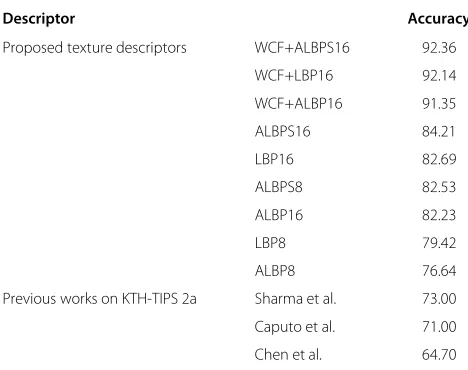 Figure 9 Results using global and local descriptors on the KTH-TIPS 2a data set. The best results are obtained using the proposed methodALBPM combined with WCF, outperforming the local descriptor by themselves.