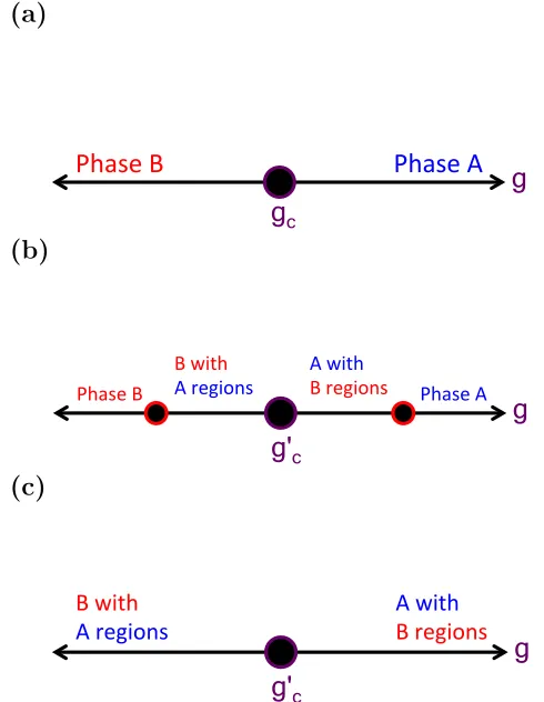 Figure 1.7: Schematic depictions of the impact of disorder around a phase diagram.In panel (a), we show a clean system with a transition between phase B and phase Aphase A if the maximum value of the tuning parameter is on the phase A side of theclean phas