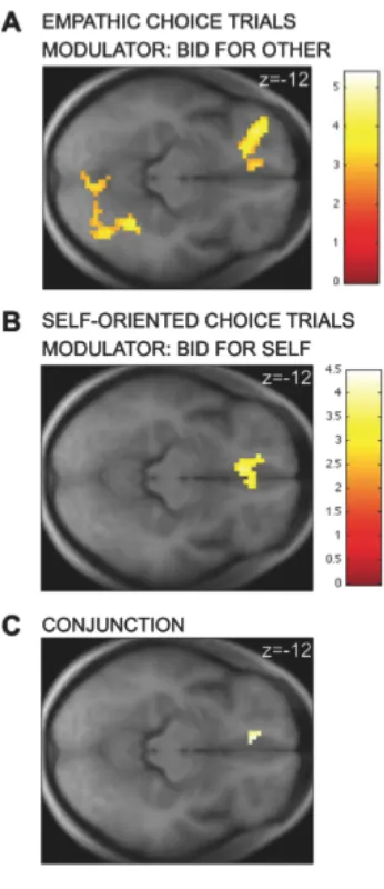 Fig. 2. A) Activity in vmPFC correlated with the bids-for-other during empathic choices (p < 