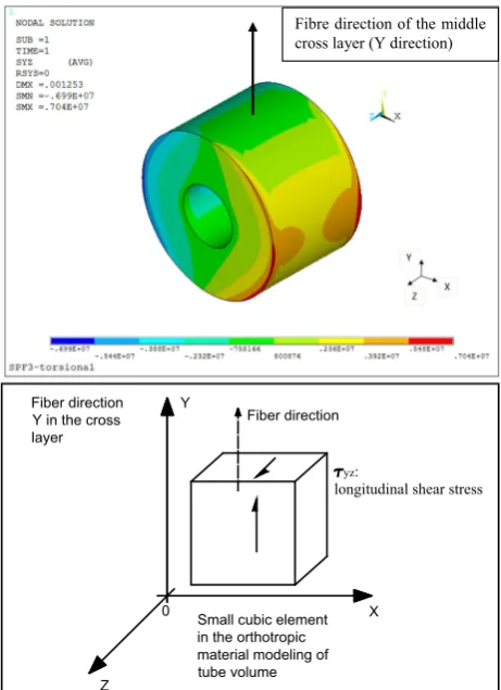 Fig. 11 Shear stress (material modeling) distribution in the cross layer of three-layer tubespecimen (maximumsxy in Pa, longitudinal shear in orthotropic sxy ¼ 5:57 � 106Pa)