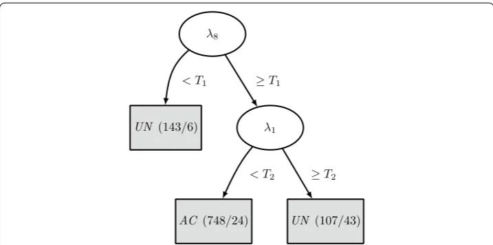 Figure 2 Tree induced by CART. The numbers associated to the label, e.g. UN (143/6), indicate the number of registers classified by the rule and the number of errors it made evaluating the algorithm on Dataset A, respectively