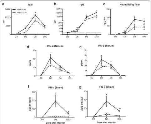Fig. 3) and (g) harvested from WNV NY99 and WNV Eg101 infected mice at days 6 and 8 Error bars represent SEM (pa) and IgG (IFN-after inoculation