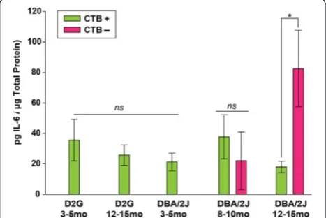 Fig. 5 Cytokine protein levels in superior colliculus (SC). Anti-inflammatory IL-4 and IL-5 were elevated in D8–10 mice, while pro-inflammatoryIFN-γ and KC were elevated in D3–5 and D8–10 DBA/2J mice compared to controls