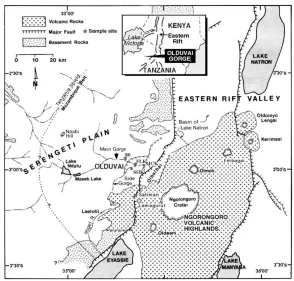 Figure 5 Generalized map of the Olduvai Gorge locale Three hypothesized lake levels (dark blue = lowest; lightest blue = highest; likely never more than a few meters deep) and details of the Olbalbal distal and proximal alluvial fans receiving mountain and