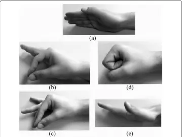 Figure 3 Hand positioning: (a) Neutral position, (b) Pinch, (c) Tripod, (d) Hand close, (e) Handextended.