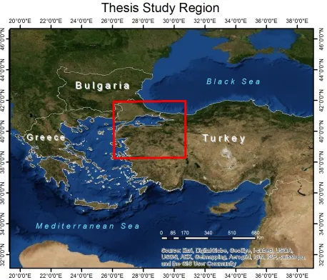 Figure 1. Red rectangular outline details the thesis study region and the maximum extent of the cost accumu-lated surfaces