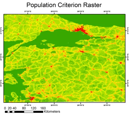 Figure 3. Population criterion raster representing the population density throughout the study region