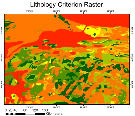 Figure 4. Lithology criterion raster displaying the different lithologic units within the study area