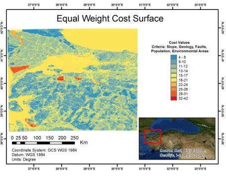 Figure 7. Equal Weight cost surface that was created for the study area. It was from this surface that the least-cost path was derived