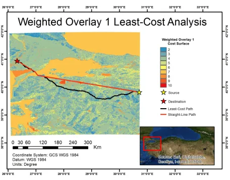 Figure 9. Least-cost route and straight-line path that was created for cost surface Weighted Overlay 1
