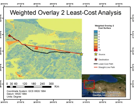 Figure 10. Least-cost route and straight-line path that was created for cost surface Weighted Overlay 2