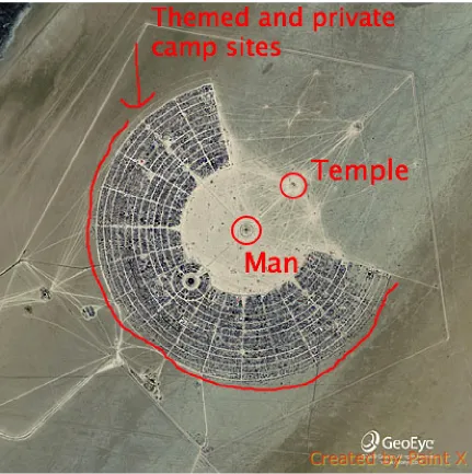 Figure 3 - Augmented aerial view of Burning Man to indicate specific structures 
