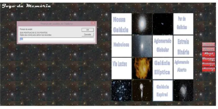 Figure 12. Screen showing the student's final score and requesting a name under which to record the results (Prompt do usuario = Explorer user prompt; Prompt do script = Script prompt; Sua pontuacao  é = Your score is 210 points; Digite seu nome para salvar nos recordes = Enter your name to save it in our records; Cancelar = Cancel)  
