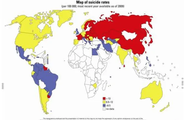 Figure 1.1 Map of Suicide Rates (WHO, 2009) 