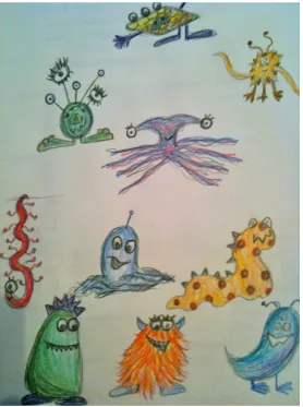 Figure 8. Monster Drawings, colored pencils, 4 x 6”. 