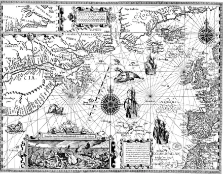 Figure 1.2: Benjamin Wright‘s map of New France (1608) nicely mirrors the inclusion  mythological elements into maps of America