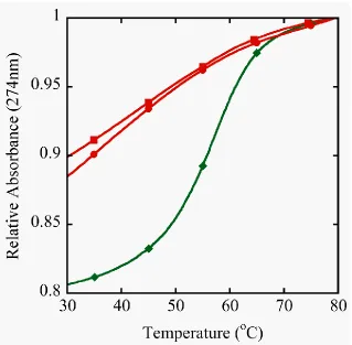 Figure 3.5  Duplex stability from UV Melting curves.  Samples were prepared in 400 mM NaCl, 10 mM NaPi, 0.1 mM EDTA at pH 6.5